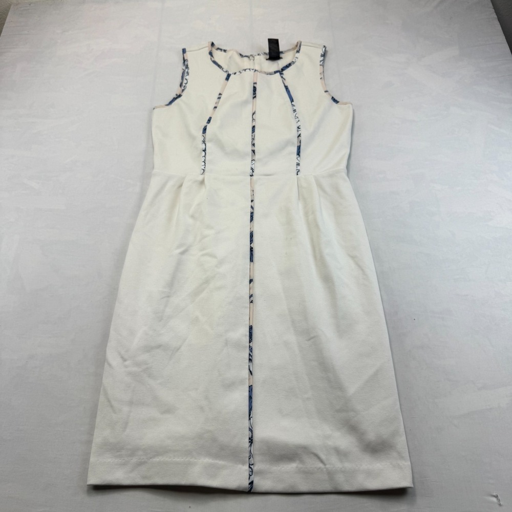Ann Taylor Midi Sheath Dress Womens 6 Ivory Blue Floral Trim Sleeveless Career
